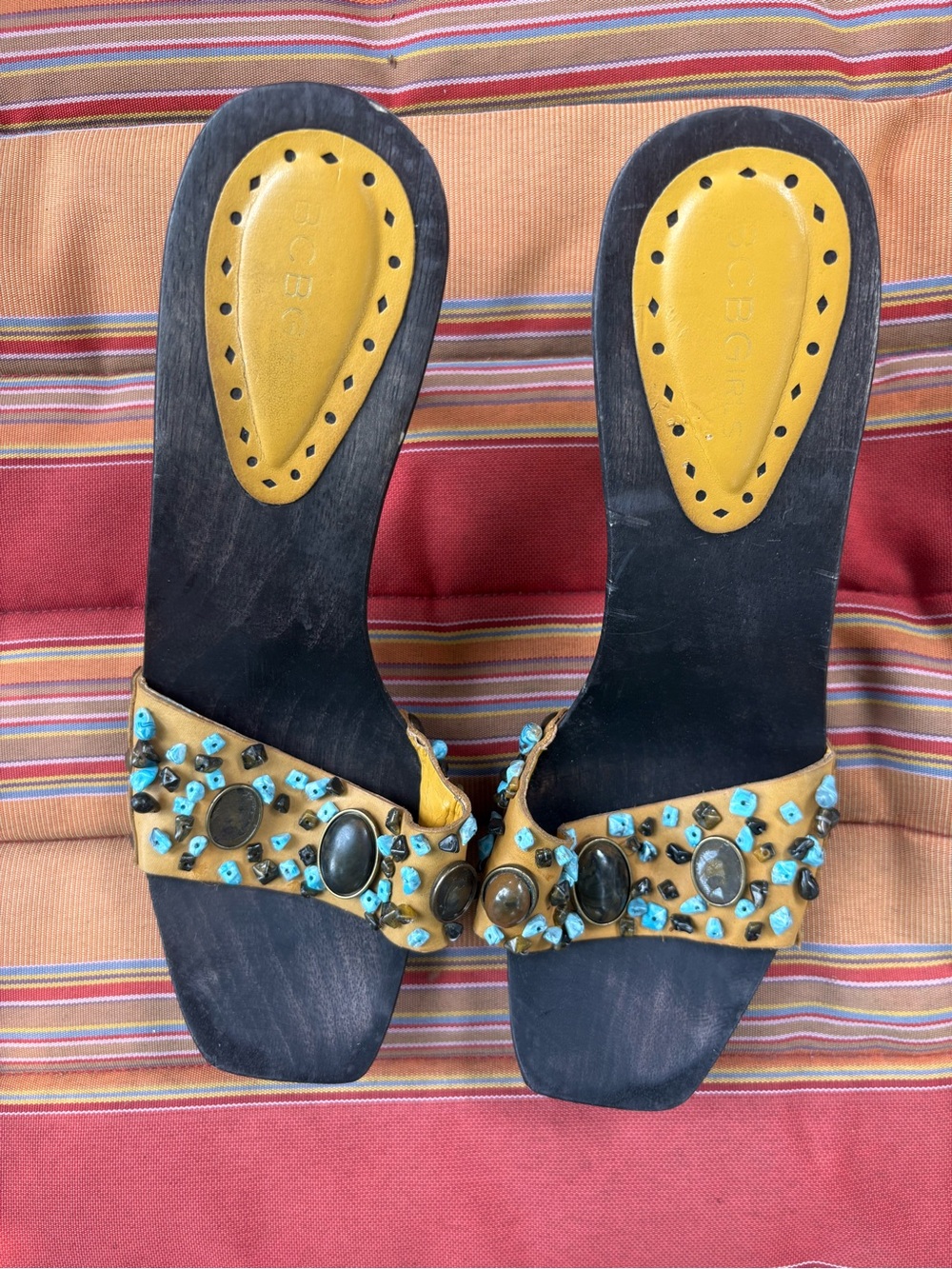 BCBGirls Yellow Slide Sandals with Turquoise and Brown Accents